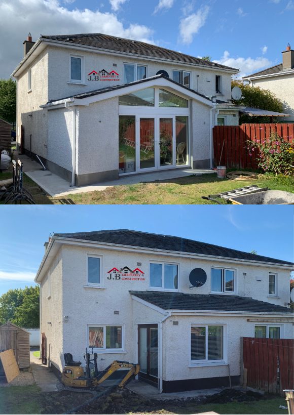 Two photos of a house rear: a new extension with French doors, and the same wall before the work